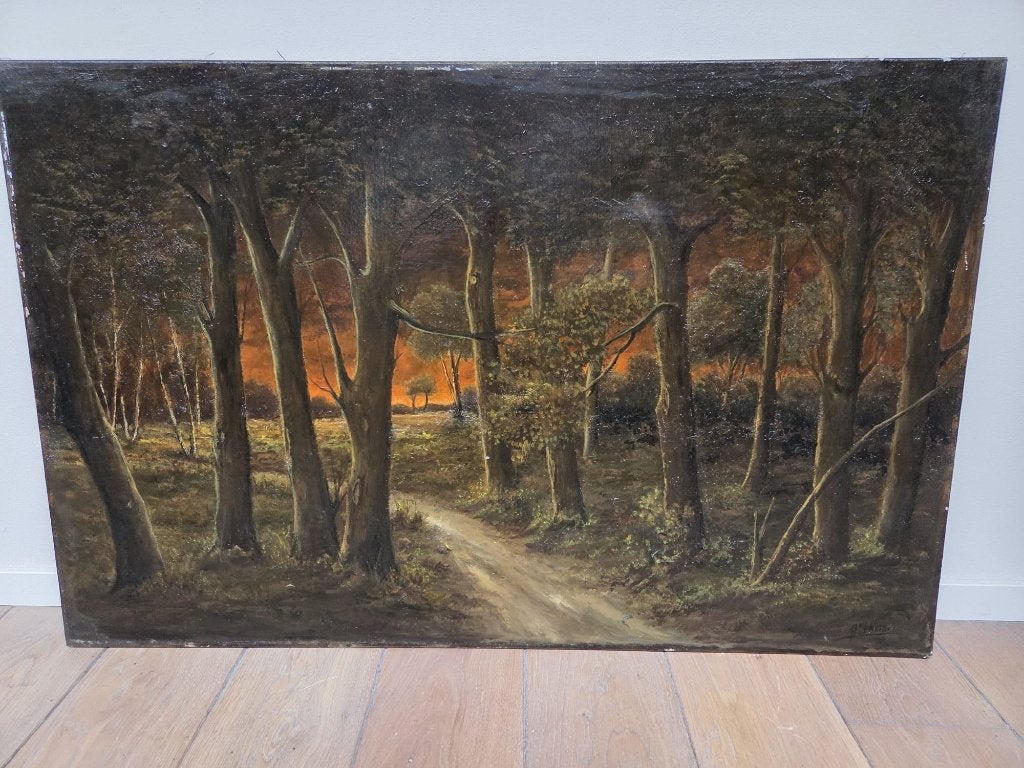 schilderij van een landweg in de bossen, Ophalen