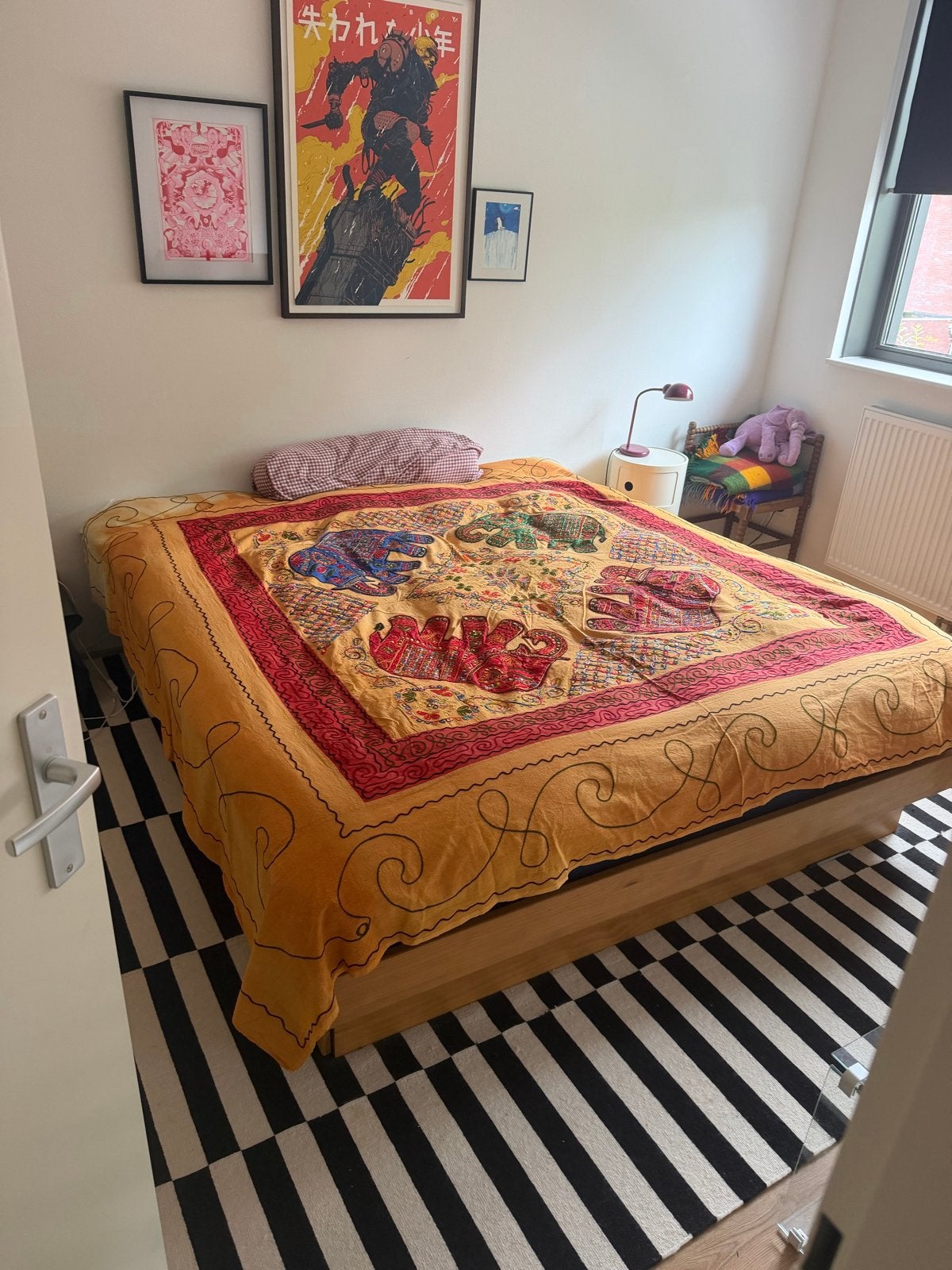 Handgemaakte Hindoestaanse sprei met olifanten, Huis en Inrichting, Gebruikt, Katoen, Tweepersoons, Oranje