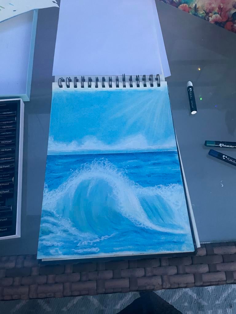 Handgemaakte Golf op Zee - Oliepastel Kunstwerk, Antiek en Kunst, Ophalen of Verzenden