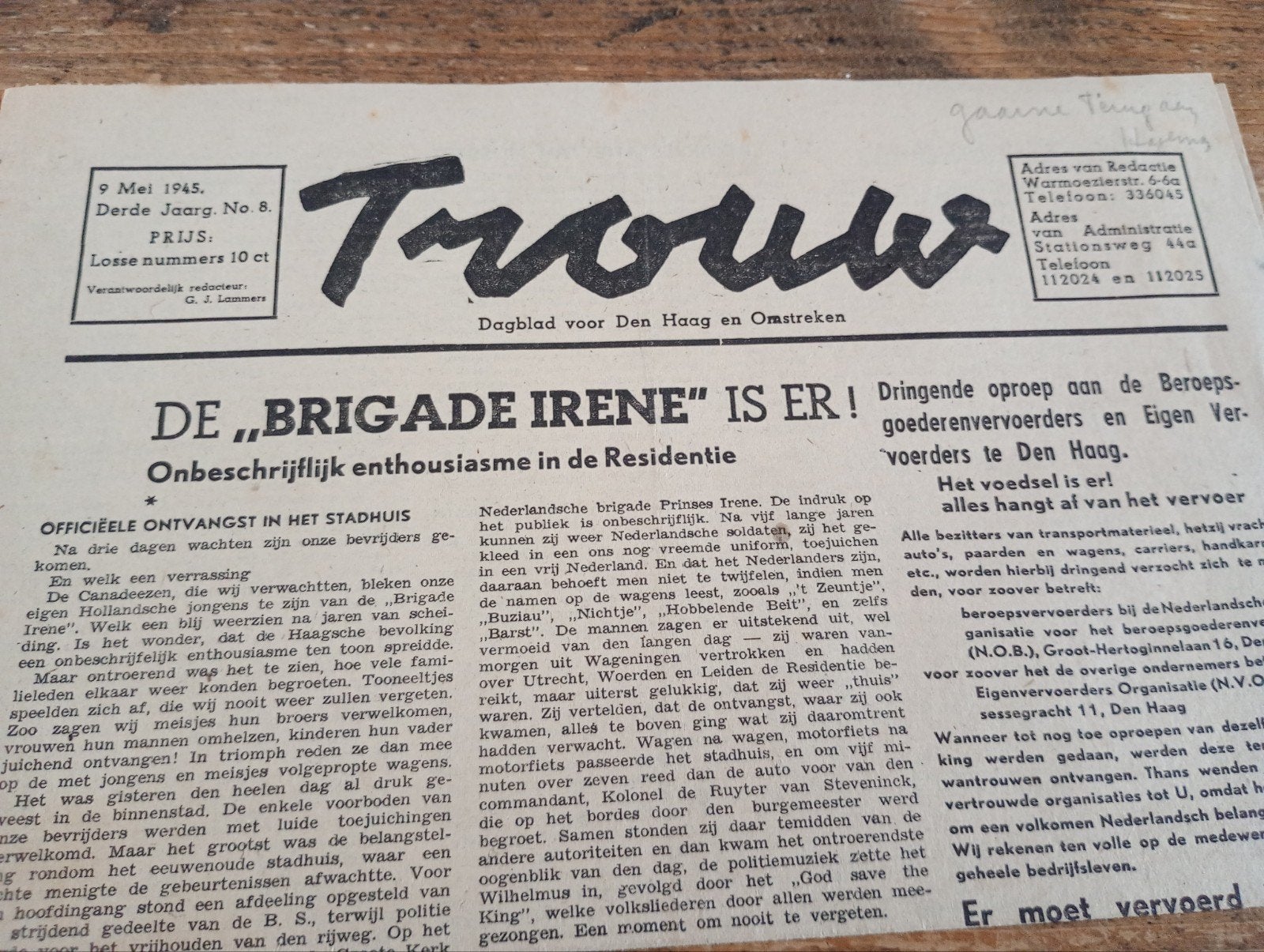 Prinses Irene Brigade is er Trouw 9 mei 1945, Verzamelen, ., Ophalen of Verzenden, ., Nederland