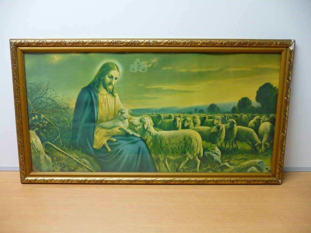 Schilderij Jezus met kudde schapen met lijst en glas., Antiek en Kunst, Ophalen