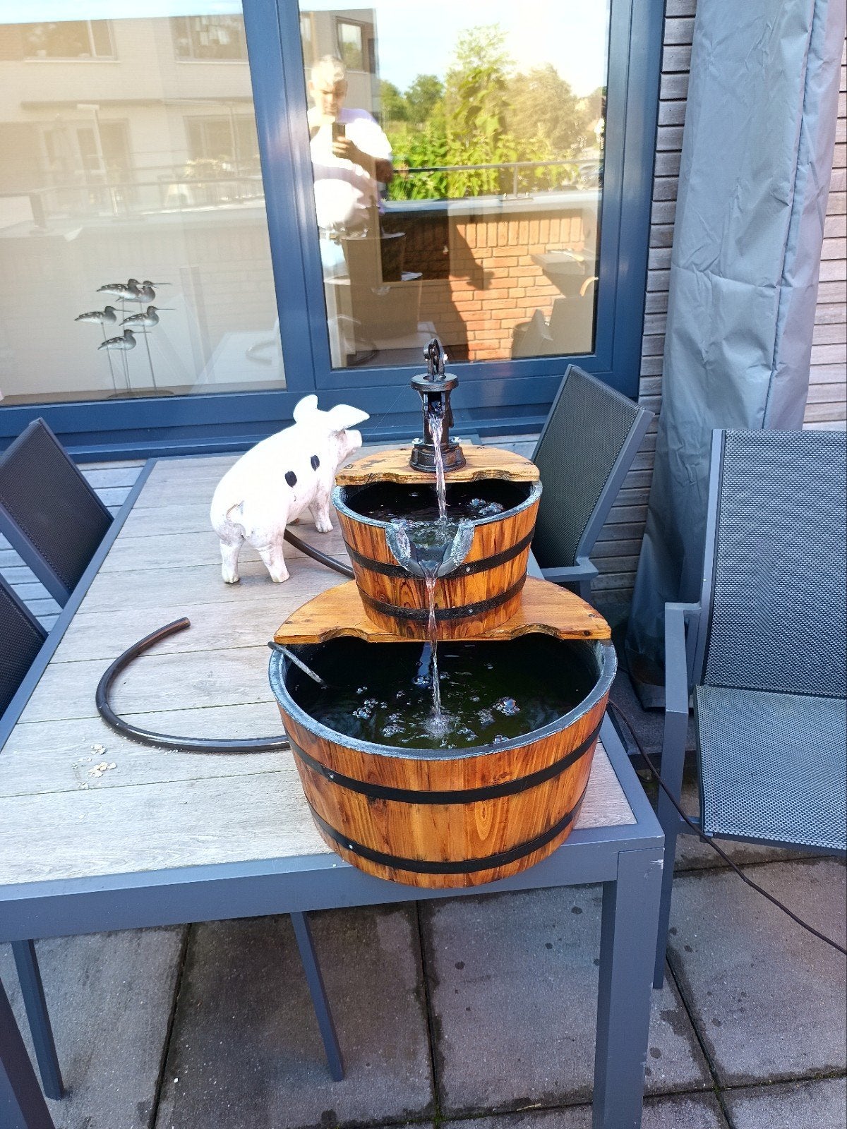 Mooie houten fontein met pompje voor tuin/terras, Ophalen, Gebruikt, Overige materialen, Fontein