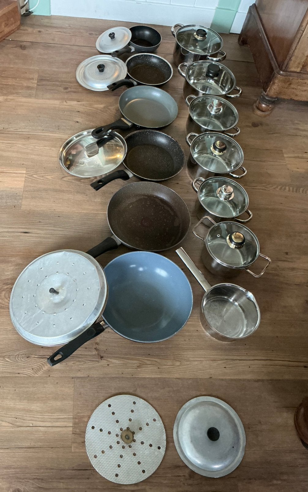 13 Gebruikte pannen Pan + deksel, koekepan, wok, deksels los, Ophalen, Gebruikt, Rvs, Pannenset