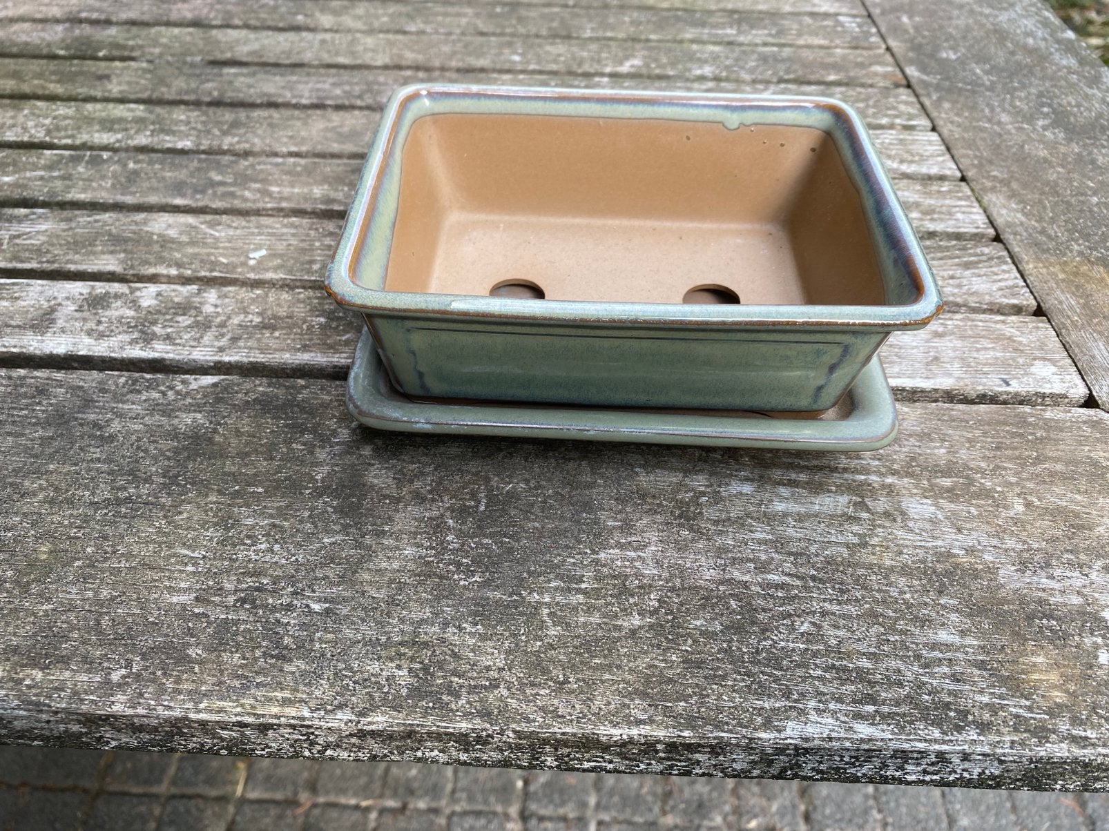 Japanse bonsai pot met onderschotel, Steen, Minder dan 30 cm, Rond, Ophalen of Verzenden