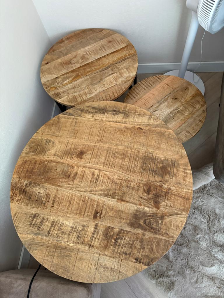 Set van 3 ronde salontafels van mangohout en metaal, Ophalen, 50 tot 75 cm, Rond, 50 tot 100 cm