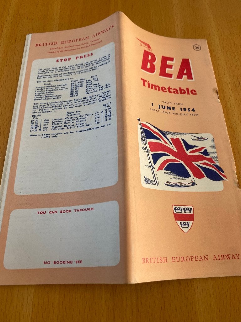 BEA British European Airways Dienstregeling Juni 1954, Ophalen of Verzenden, Zo goed als nieuw, Overige typen