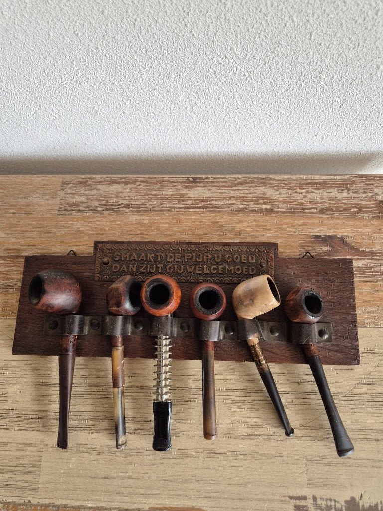 Vintage - Pijpenrek - Hout - 6 tabakspijpen - Div. merken, Verzamelen, Rookartikelen, Aanstekers en Luciferdoosjes, Ophalen of Verzenden