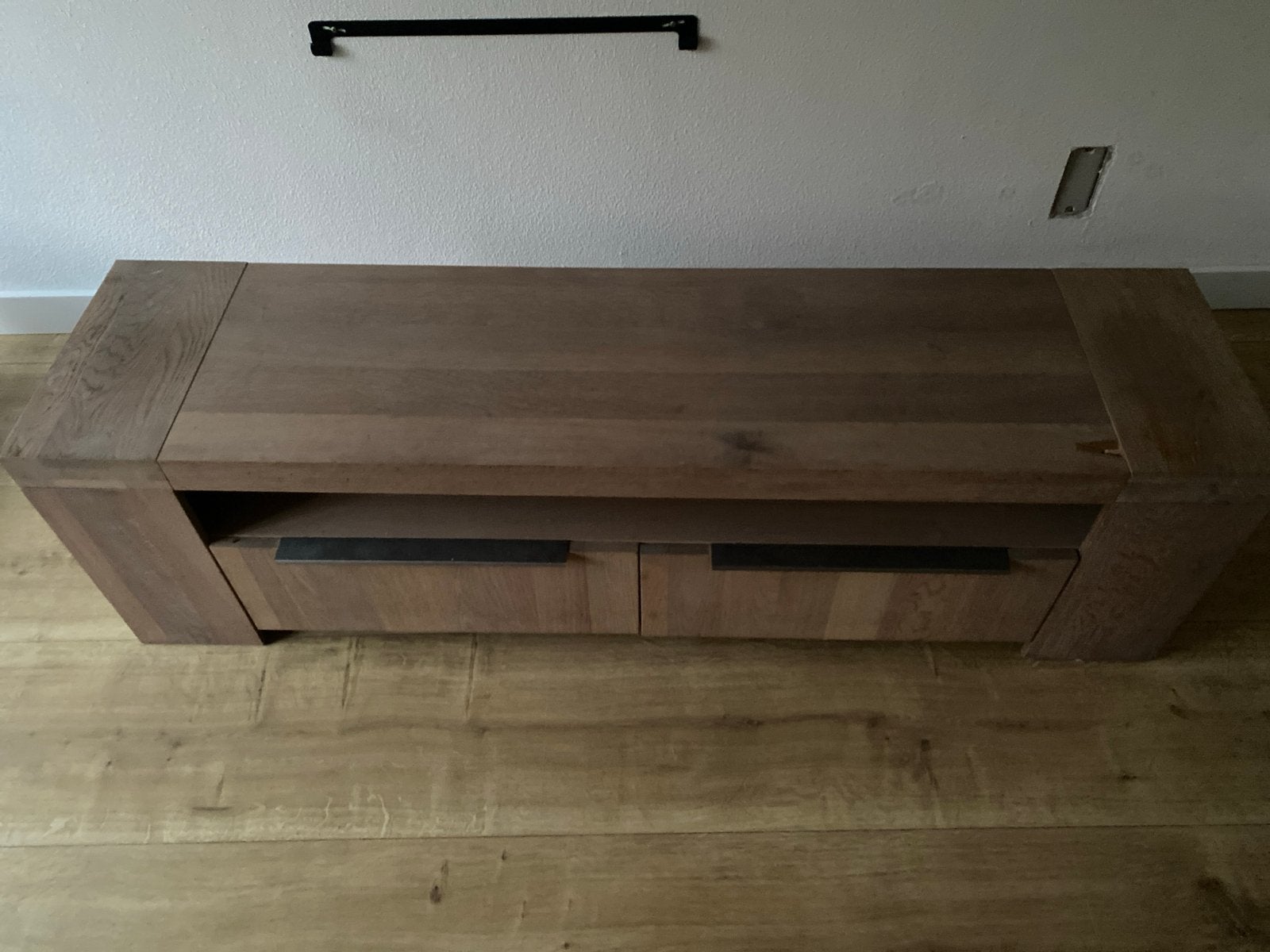 Eikenhouten tv meubel met lades, Ophalen, Gebruikt, 100 tot 150 cm, Eikenhout