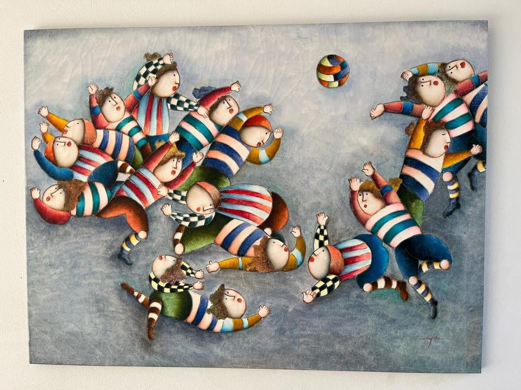 Kunstwerk J. Roybal, spelende kinderen met bal, Ophalen