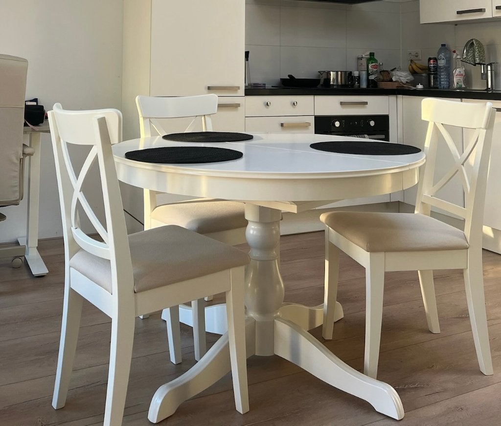 IKEA INGATORP Extendable Dining Table and 3 Matching Chairs, Ophalen, 100 tot 150 cm, Rond, 200 cm of meer