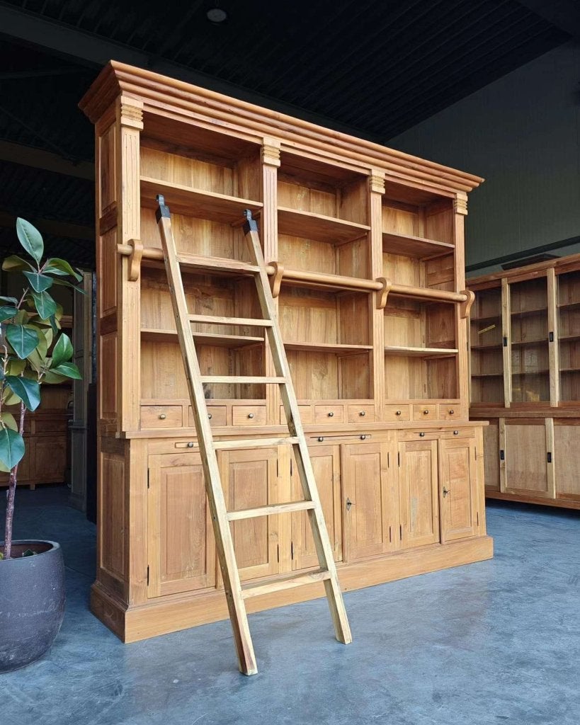Grote teakhout Boekenkast | Bibliotheekkast | Ladder #0528, Niet ingevuld, Gebruikt, Met deur(en), 200 cm of meer