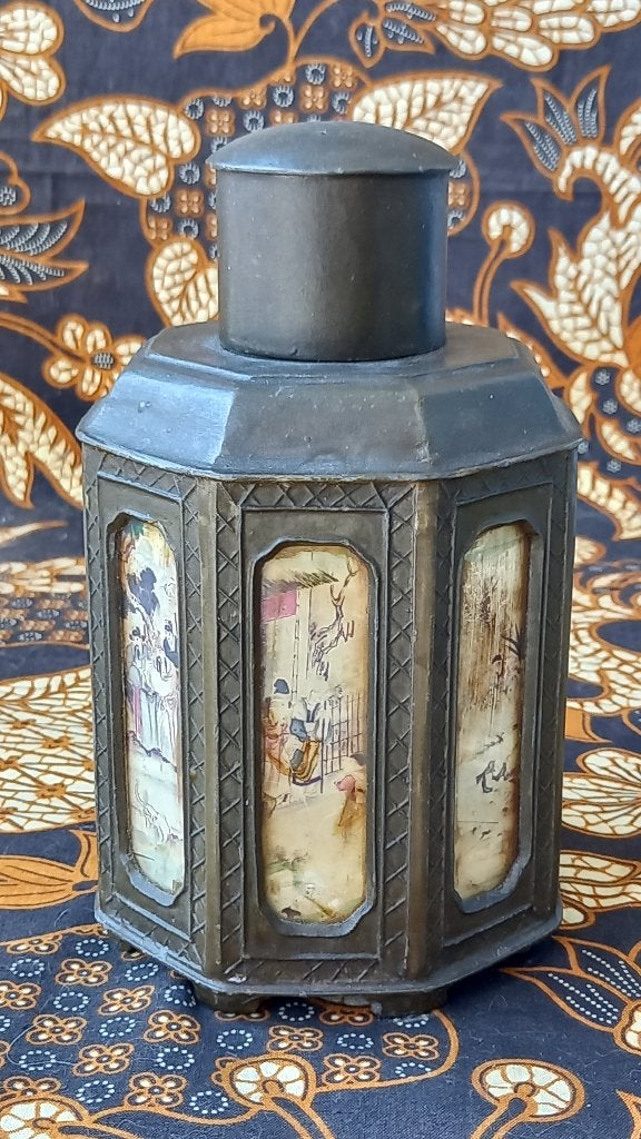 Mooie antieke Chinese theebus van verbronst tin 18 cm., Meerkleurig, China, Ophalen of Verzenden, Handgemaakt