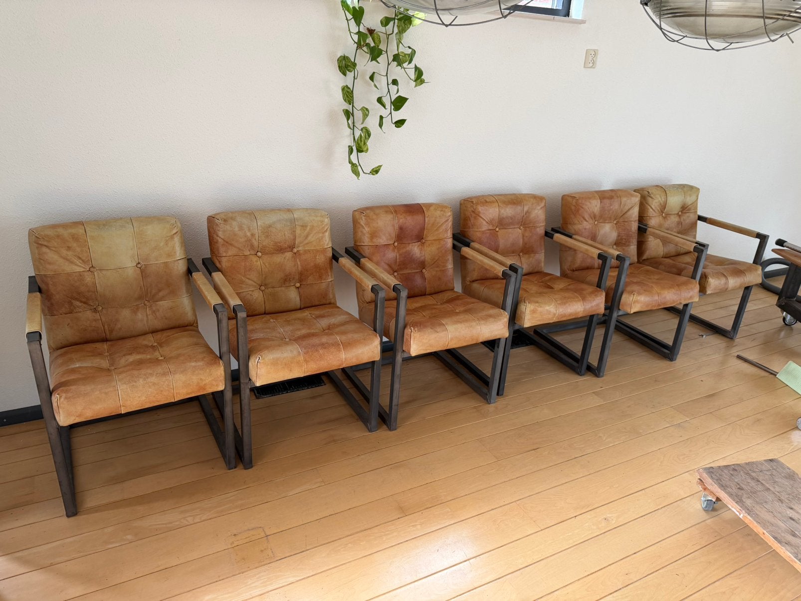 Set van 6 vintage leren eetkamerstoelen met metalen frame, Ophalen, Gebruikt, Bruin, Leer
