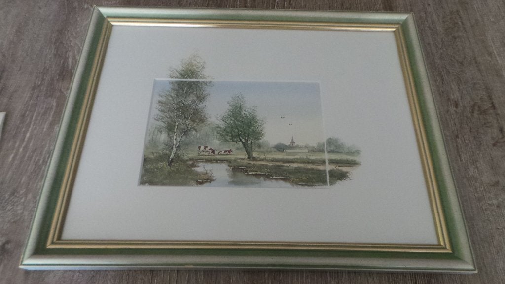 AQUAREL VAN DANIEL VAN OPPEN, Ophalen, Achter glas, Aquarel, Landschap
