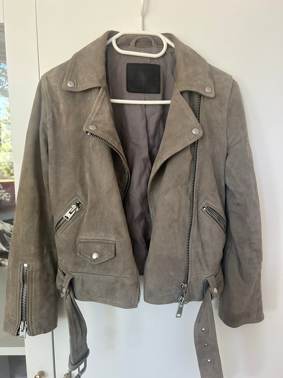 AllSaints Leather Jacket Size 34, Ophalen of Verzenden, Gedragen, Maat 34 (XS) of kleiner, Grijs
