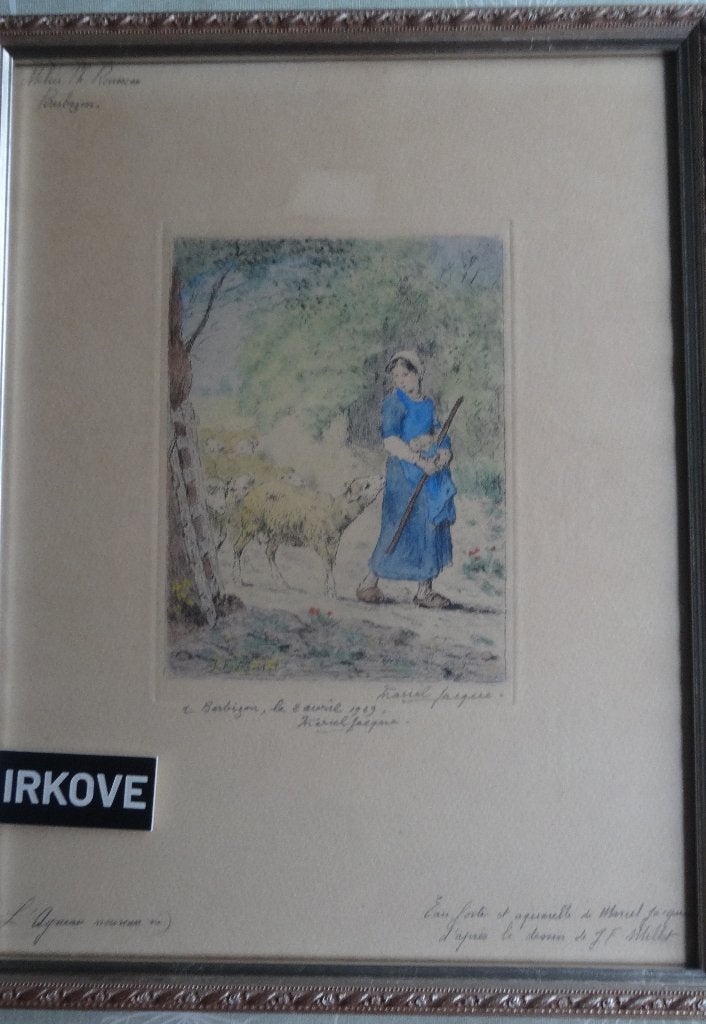 INGEKLEURDE ETS * MEISJE MET SCHAPEN * J.F. Millet *, Antiek en Kunst, Dagelijks leven, Ets, Ophalen of Verzenden, Met monogram