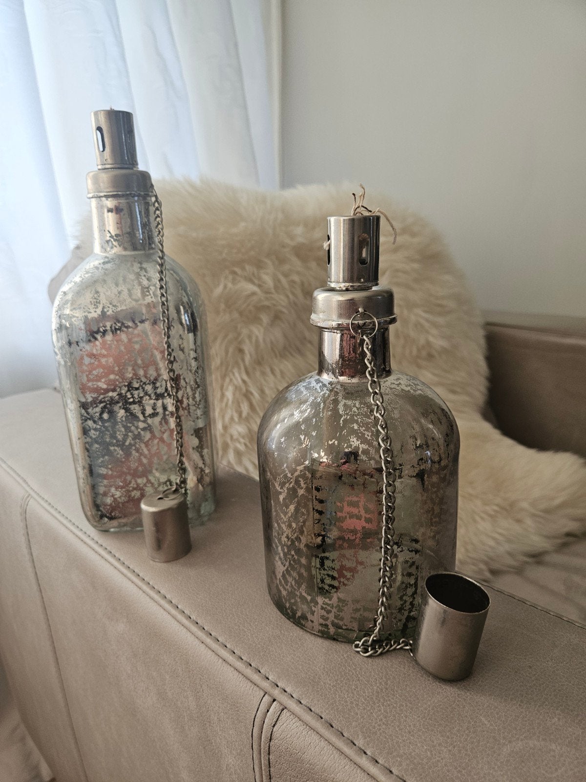 Set van 2 decoratieve flessen als olielamp, Vintage, Gebruikt, Ophalen of Verzenden, Glas