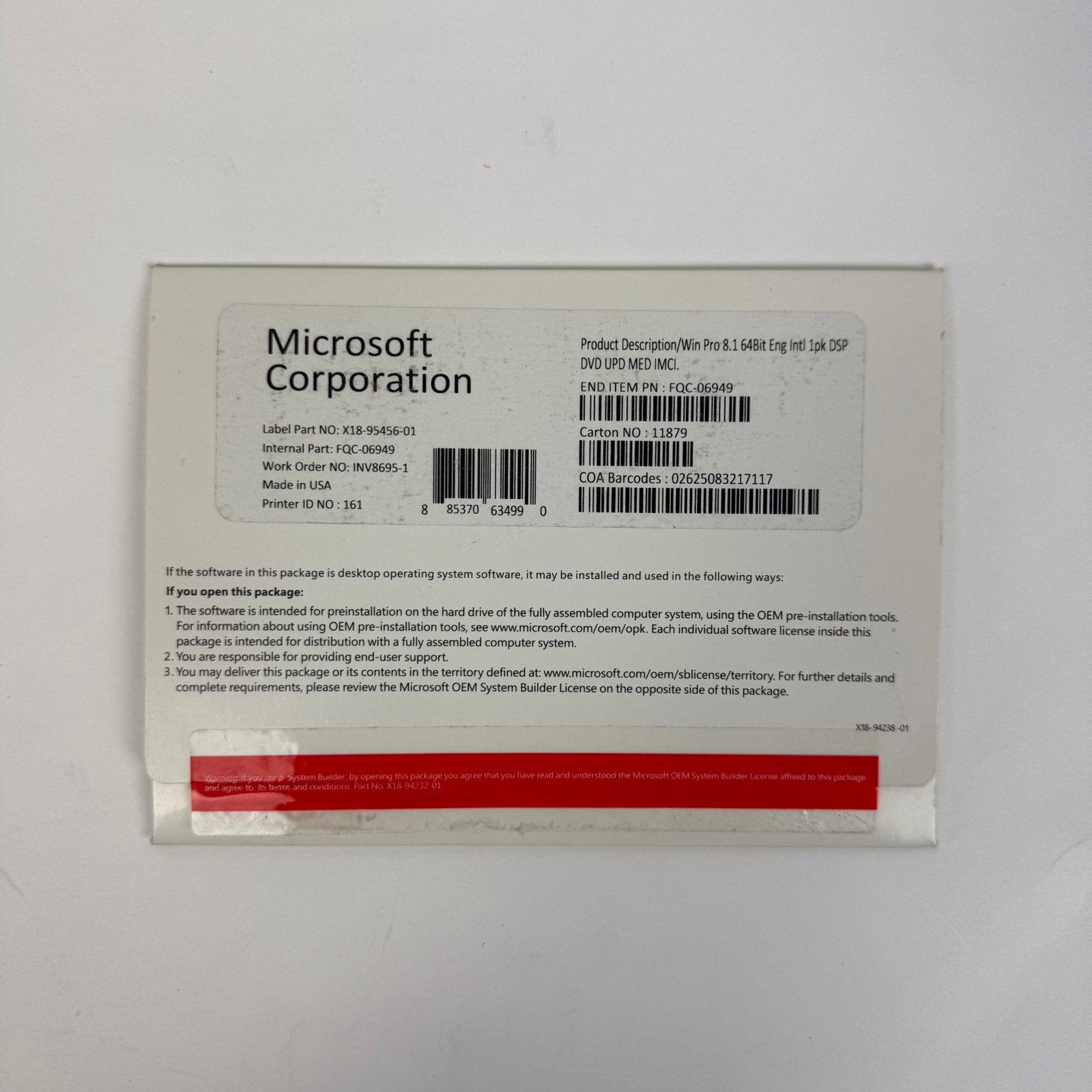 Microsoft Windows 8.1 Pro Full Version OEM 64-Bit Engels, Computers en Software, Besturingssoftware, Ophalen of Verzenden, Gebruikt