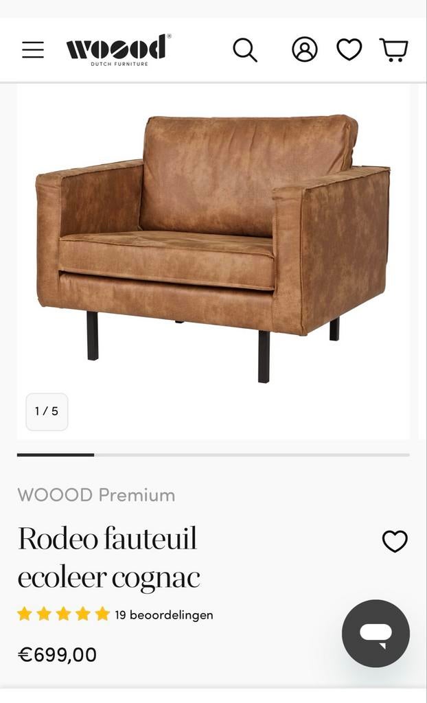 Rodeo fauteuil ecoleer cognac, Ophalen of Verzenden, Gebruikt, Leer, 75 tot 100 cm