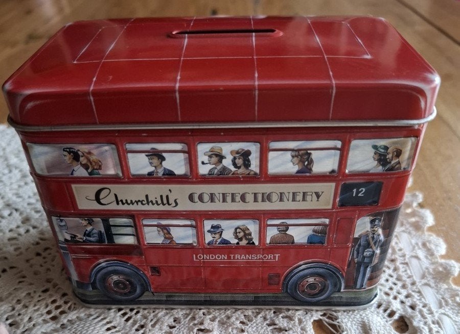 Engelse Churchill's spaarpot blikje, rode dubbeldekker bus, Verzamelen, Gebruikt, -, -, Vervoermiddel