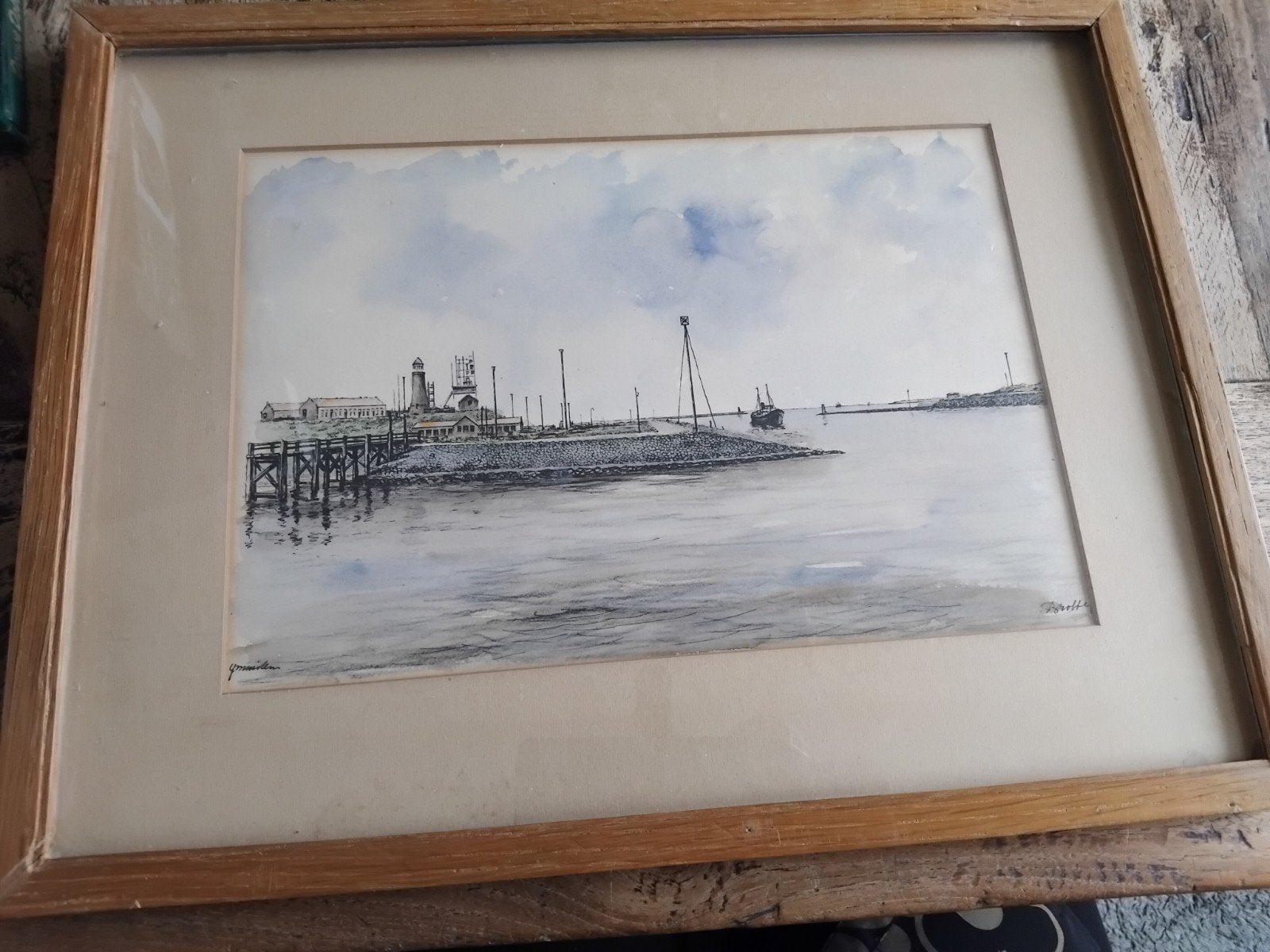 Ingelijste aquarel van havengezicht, Ophalen of Verzenden