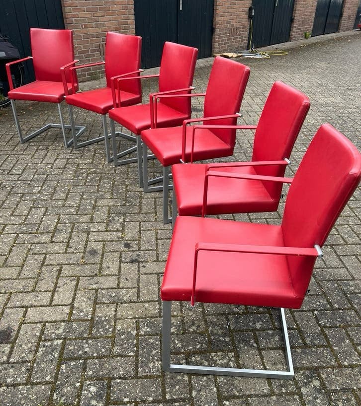 KFF leren Eetkamerstoelen 6 stuks, Ophalen, Zo goed als nieuw, Rood, Vijf, Zes of meer stoelen