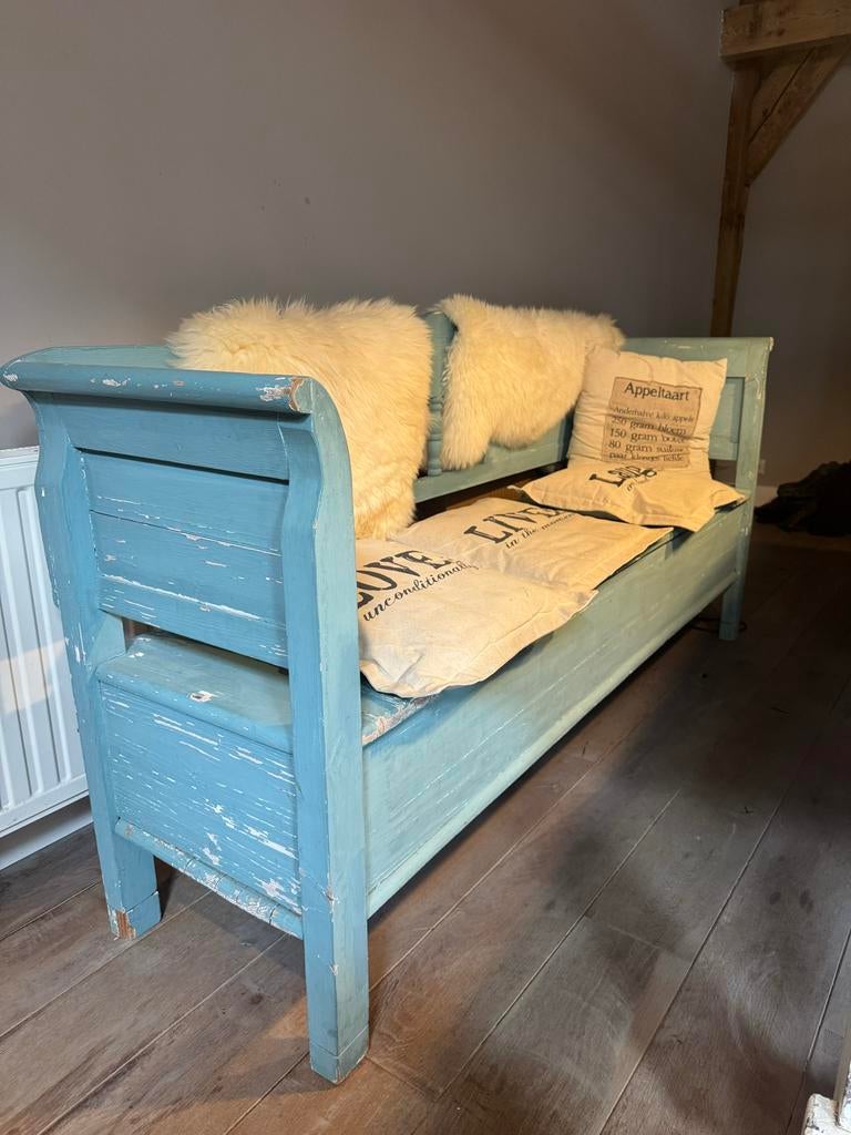 Blauw landelijk eet tafel bankje, Antiek en Kunst, Ophalen