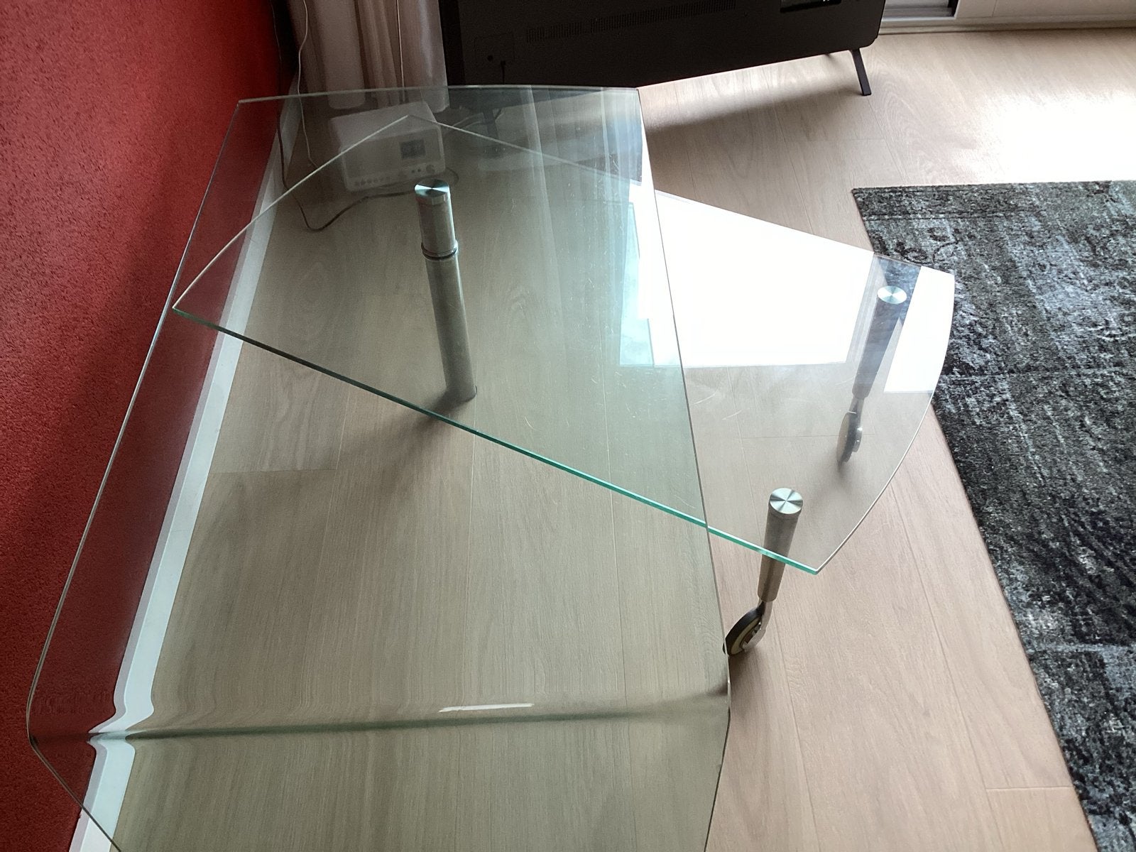 Glazen salontafel met metalen poten, Ophalen, Gebruikt, 100 tot 150 cm, Glas