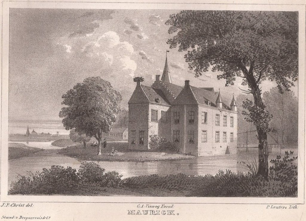 Kasteel Maurick in Noord-Brabant Vught 1846 Litho, 1800 - 1899, Architectuur, Blanco verso, 13 cm