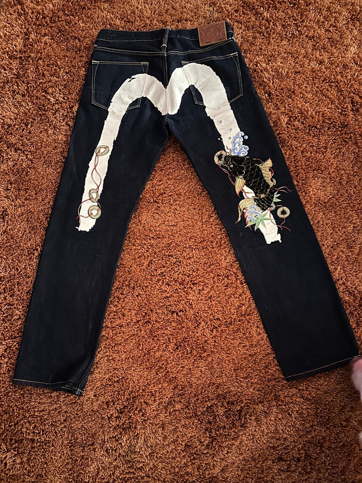 Evisu Jeans met unieke Koi en Daicock print - W33x34, Ophalen of Verzenden, Zo goed als nieuw, Blauw, W33 - W34 (confectie 48/50)