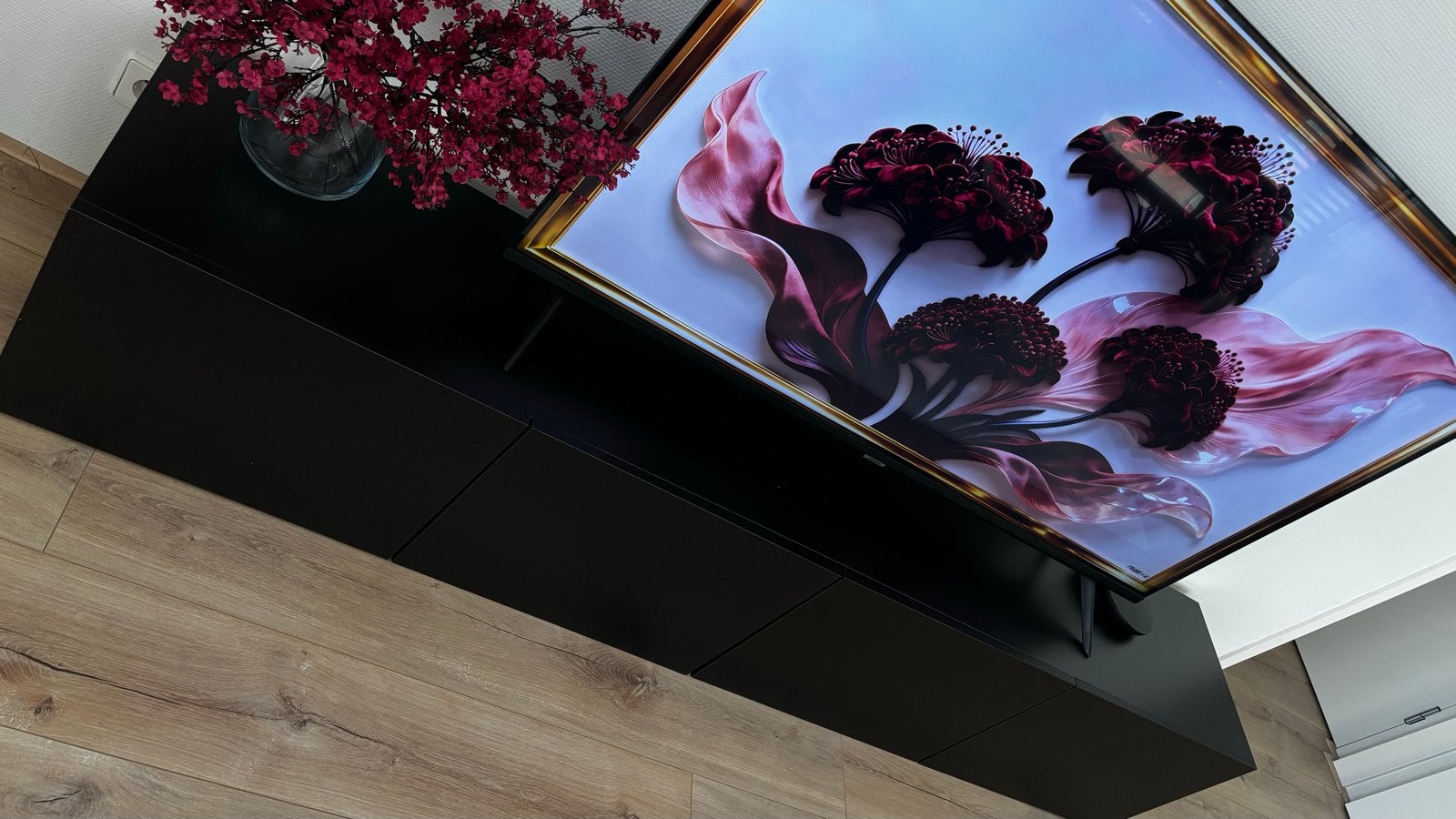 Zwart TV-meubel met opbergruimte - 200x30x30 cm, Ophalen, Zo goed als nieuw, 200 cm of meer, Minder dan 100 cm