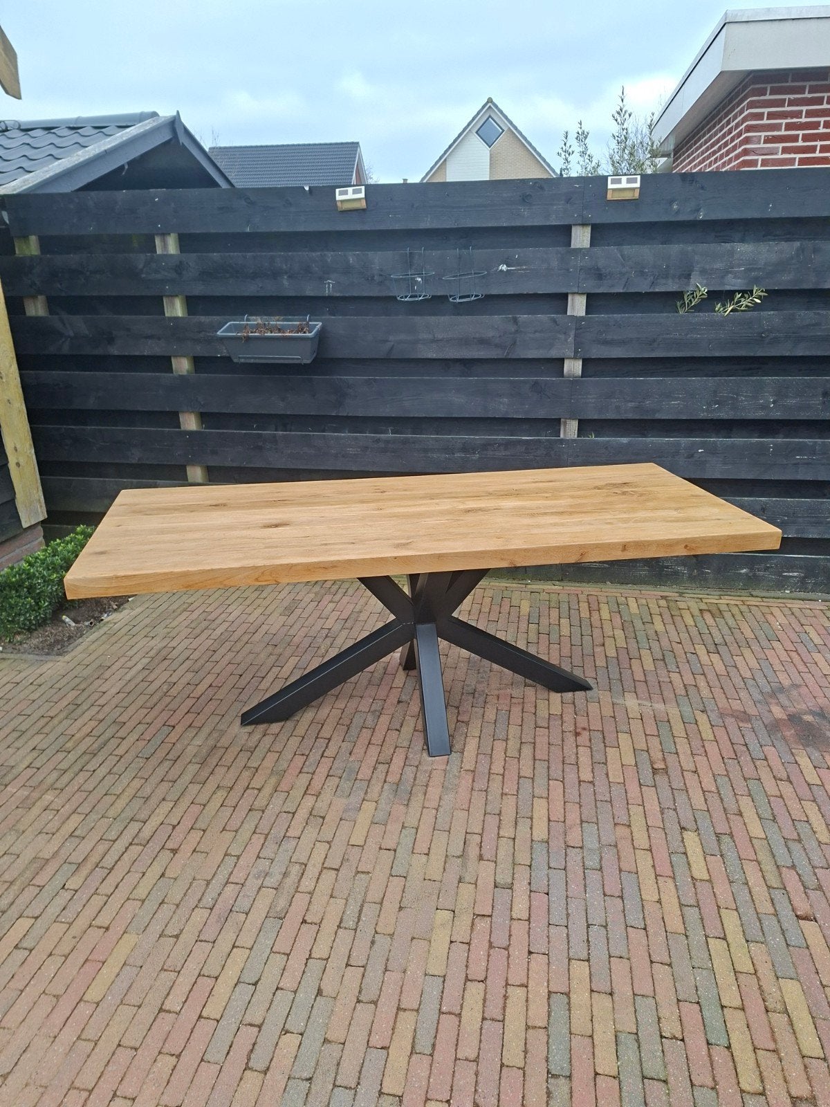 Industriële Eetkamertafel Eikenhout Spin Poot 220x90x76cm, Gebruikt, 200 cm of meer, Vijf personen of meer, Eikenhout