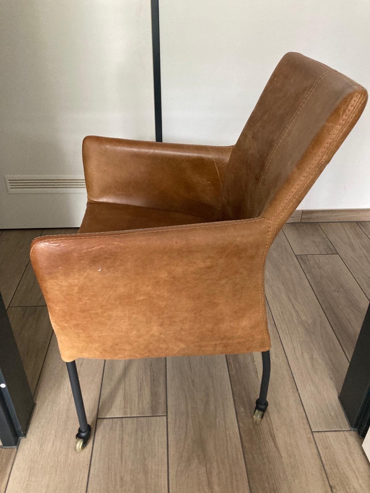 Set van 4 leren eetkamerstoelen en 2 fluwelen stoelen, Ophalen, Gebruikt, Bruin, Leer