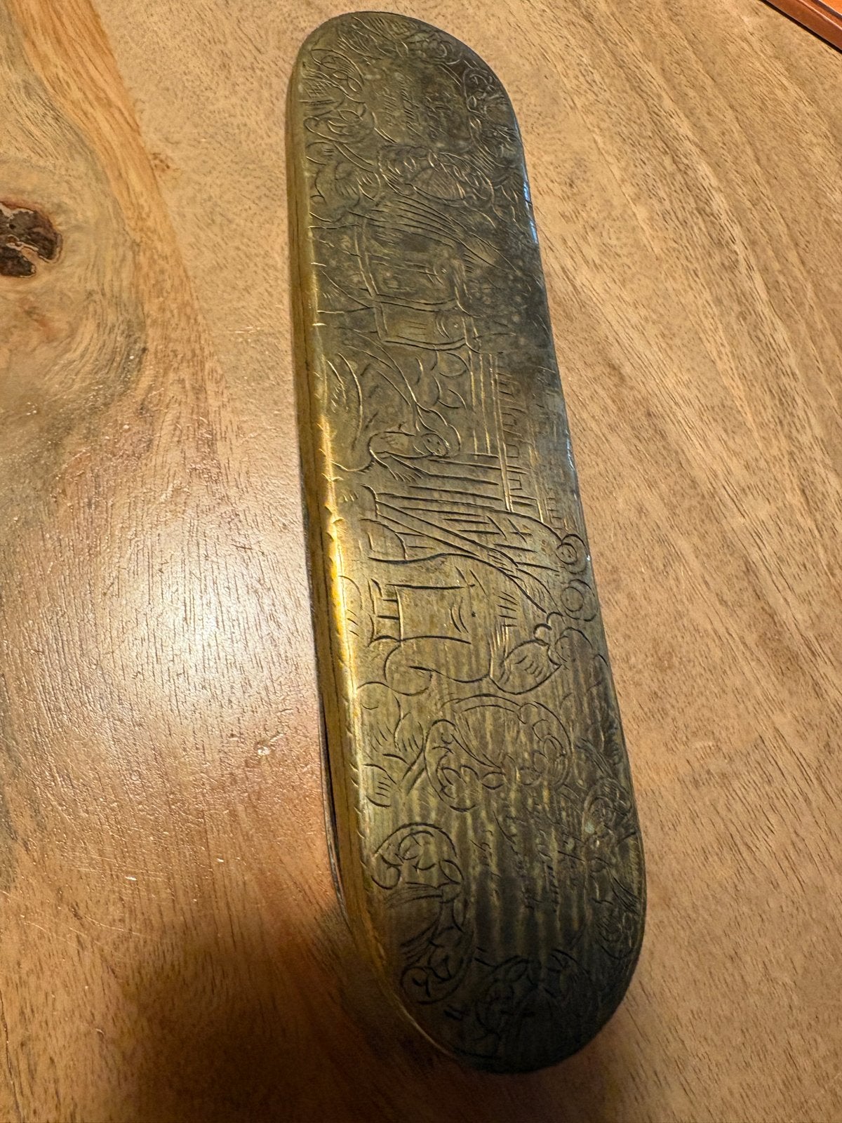 Antieke messing etui/doosje met gravures, Ophalen of Verzenden