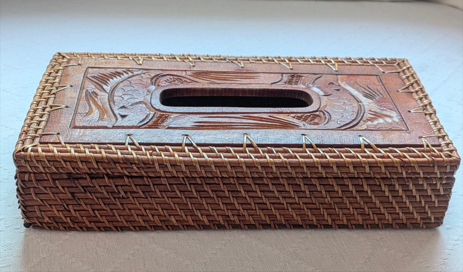 Vintage Rotan Tissuebox Houten Handgesneden Boho/Bali stijl, Hout, Gebruikt, Overige stijlen, Ophalen of Verzenden