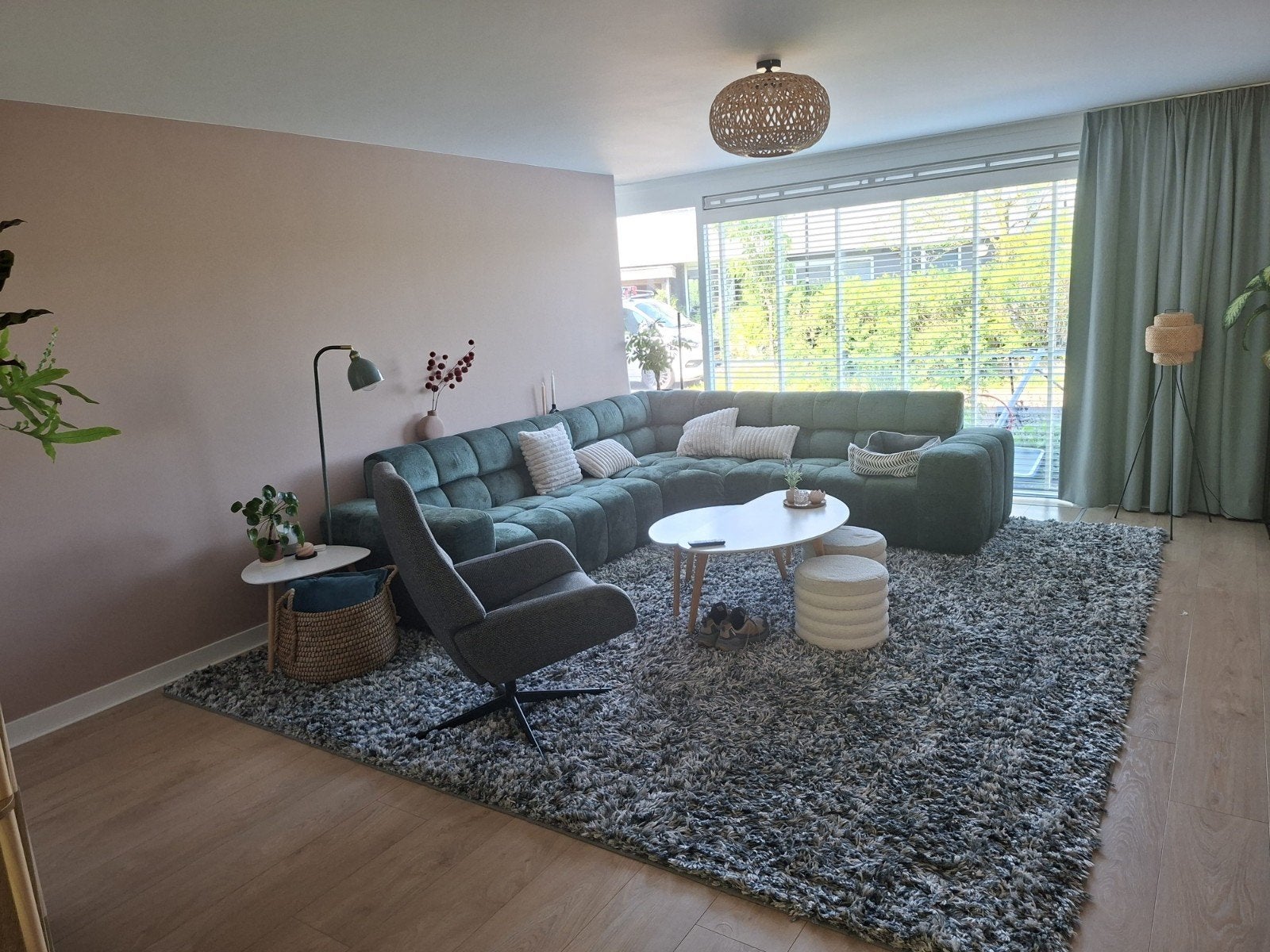 Vloerkleed hoogpolig 390x350 blauw wit groen., Ophalen, 200 cm of meer, 200 cm of meer, Hoogpolig
