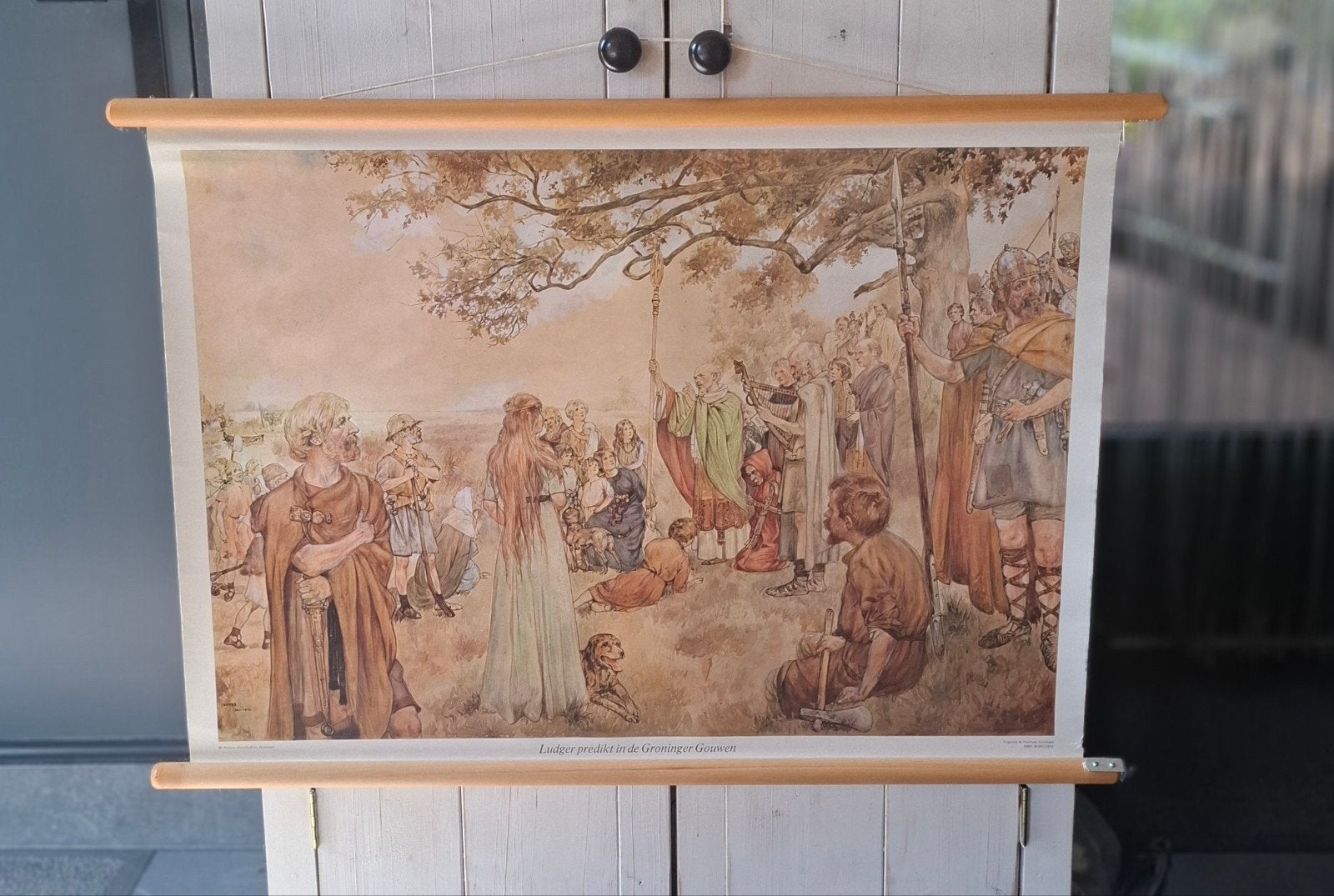 Oude linnen schoolplaat: Ludger predikt in Groningen, Ophalen, Geschiedenis