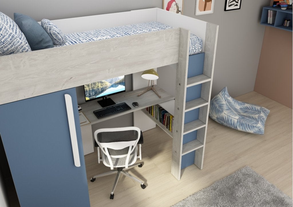 Studio 1803 hoogslaper met bureau en kast - 90x200 - Blauw/c, Niet ingevuld, Niet ingevuld, Niet ingevuld