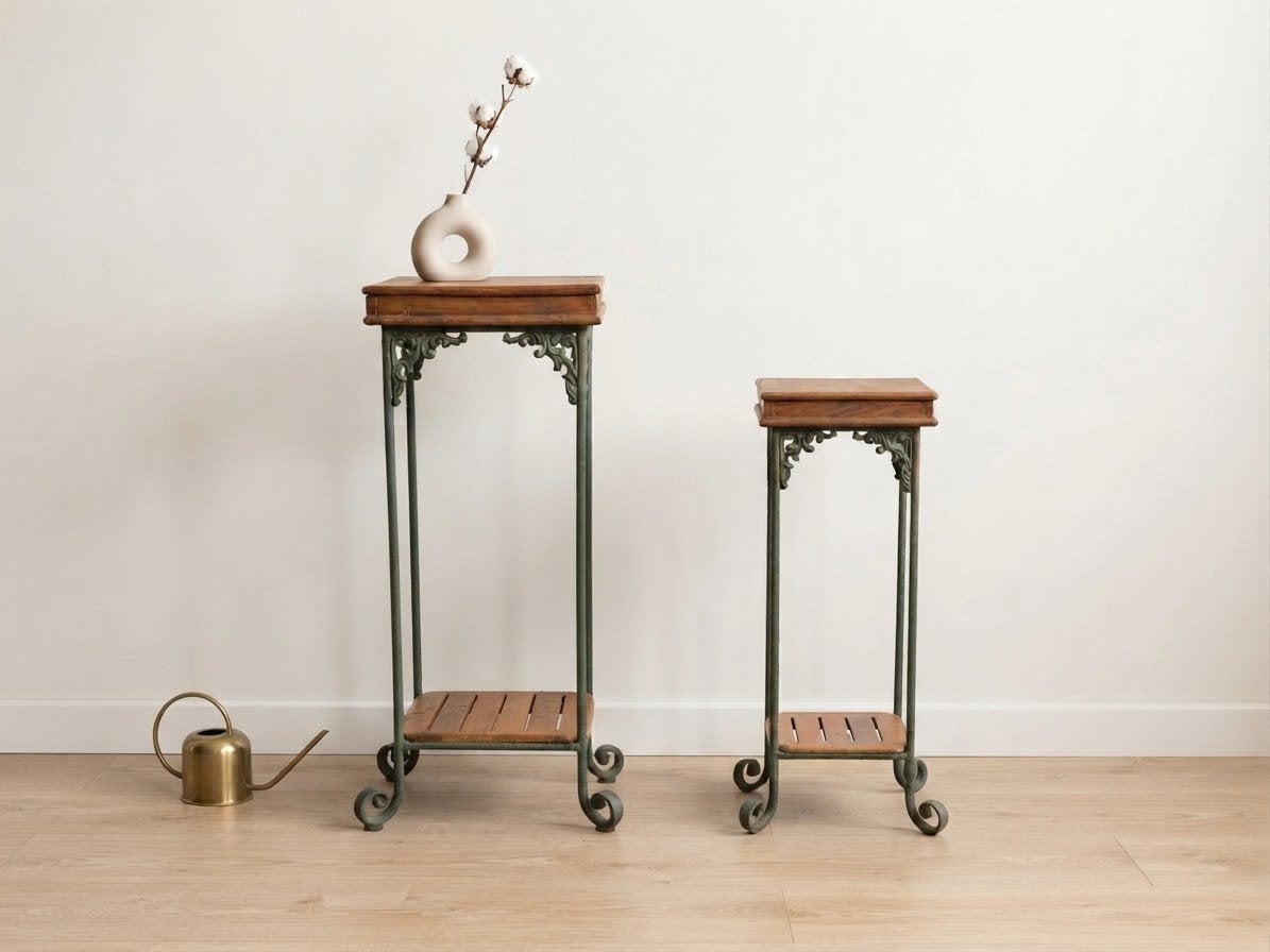 Set van 2 vintage plantentafels - Hout en metaal, Ophalen, Minder dan 55 cm, Gebruikt, Vierkant