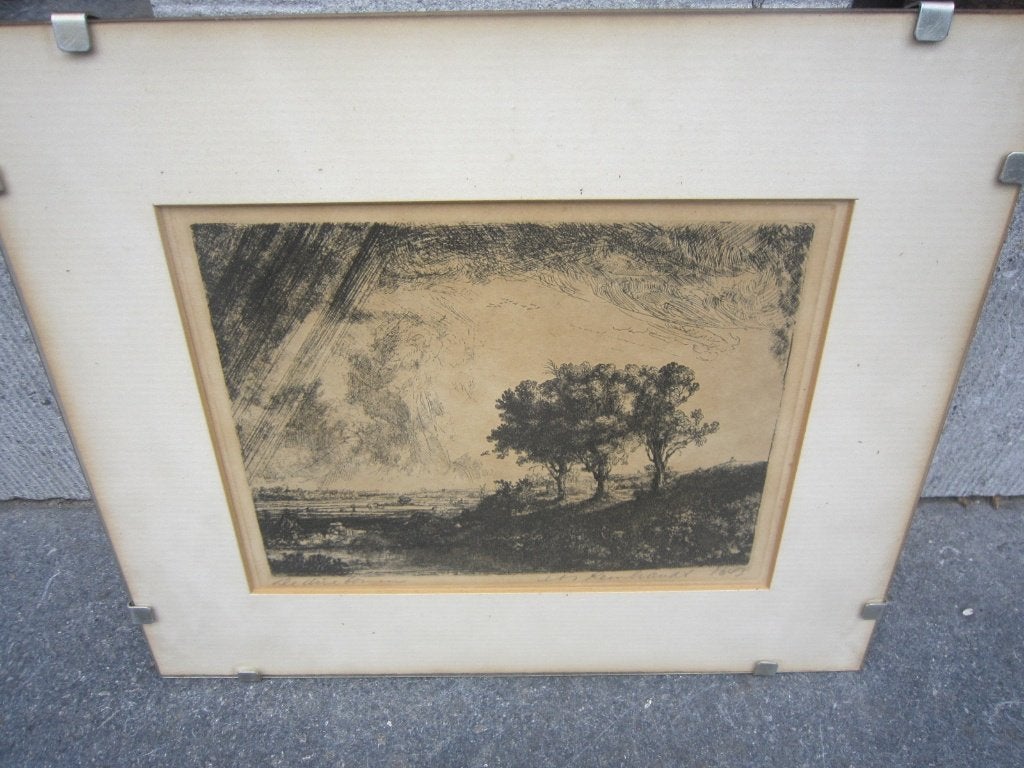 REMBRANDT ETS achter GlaSPL MET kLEMMEN ""DE DRIE BOMEN"", Ophalen, Landschap, Ets