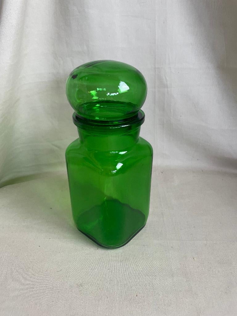 Vintage groen glazen pot met bolle stop jaren 70, Huis en Inrichting, Keuken | Potten en Pannen, Ophalen of Verzenden, Gebruikt