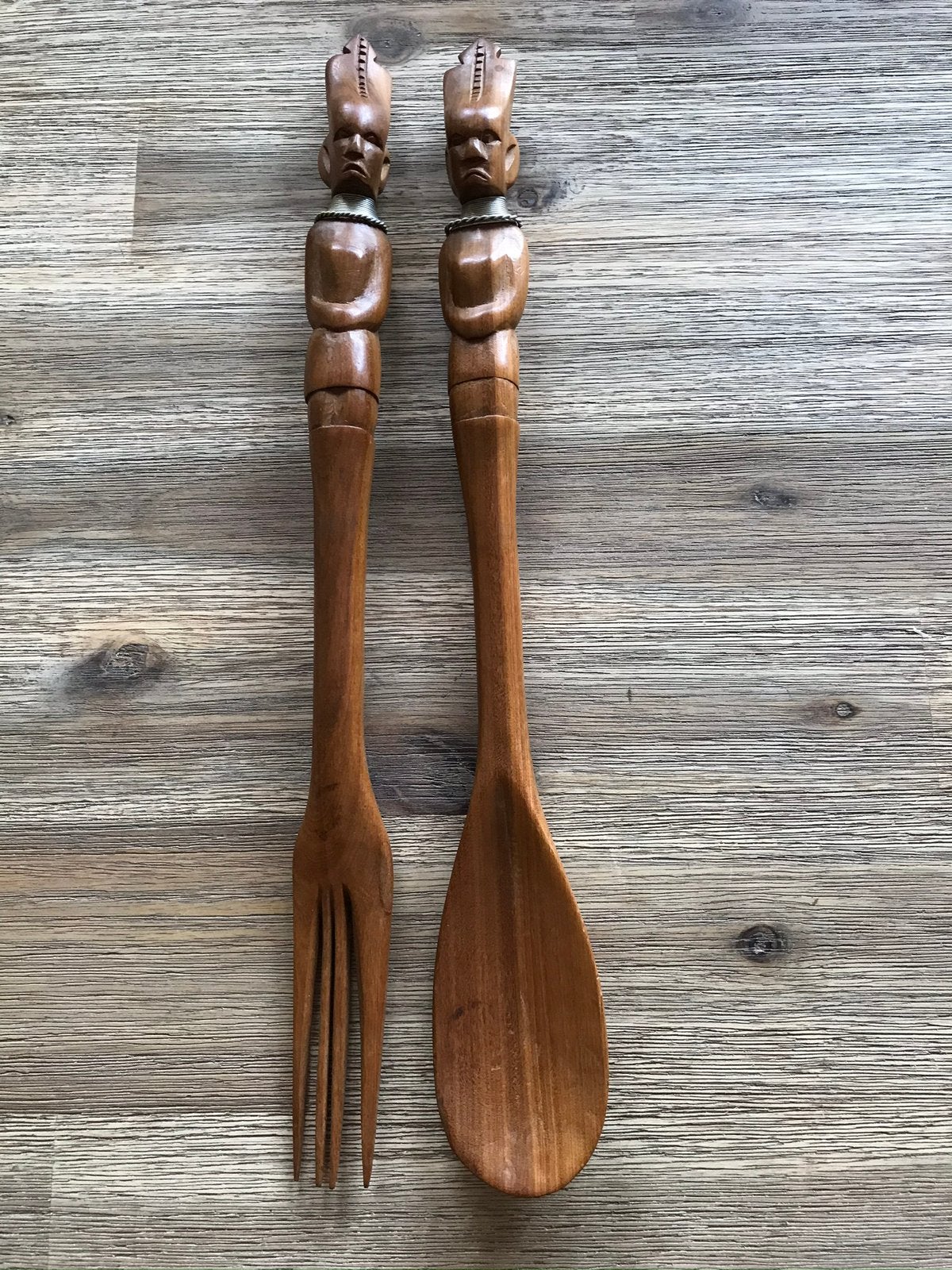 Houten sla bestek Afrikaanse figuren, Ophalen of Verzenden, Hout, Bestekset