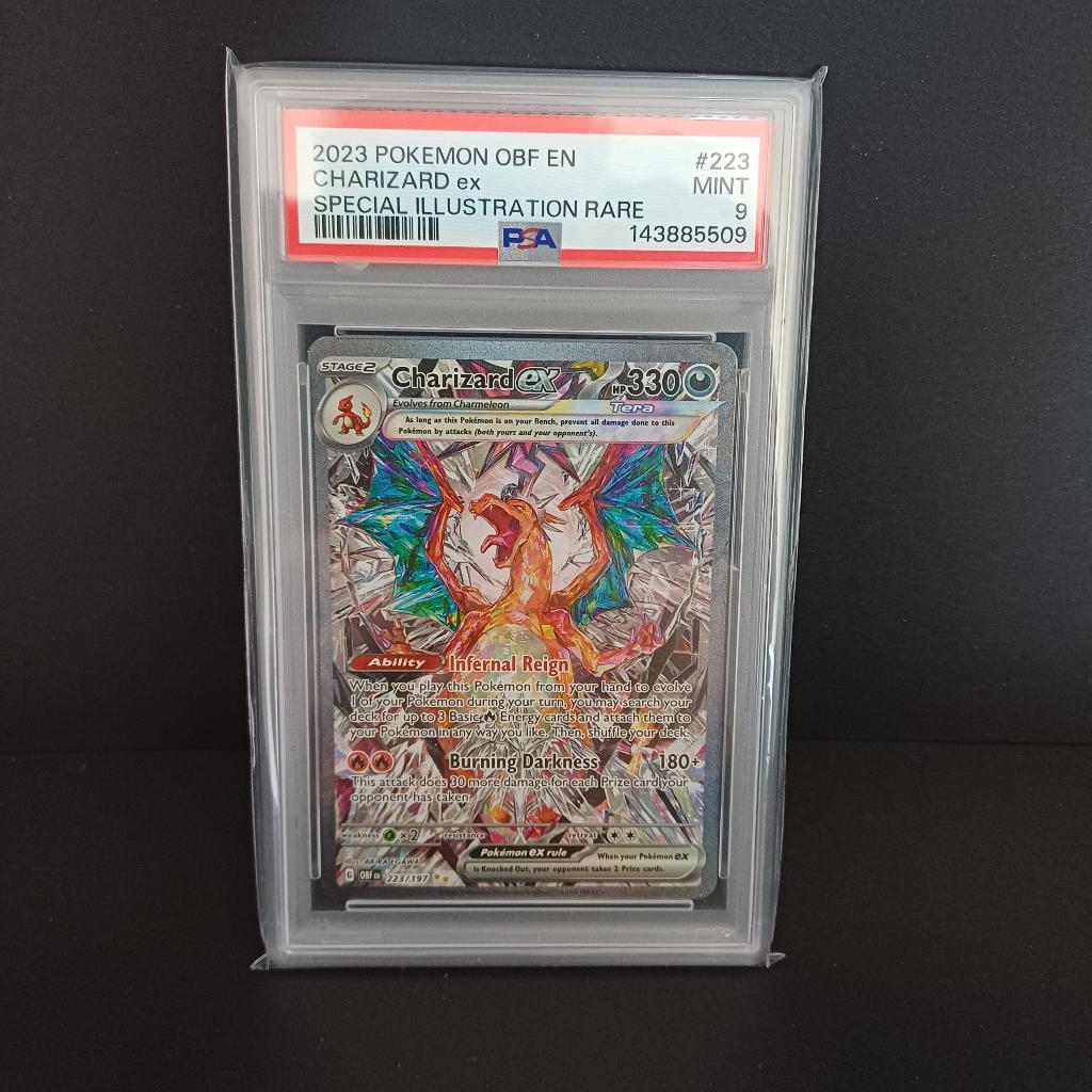 PSA 9 Charizard ex 223 Obsidian Flames, Ophalen of Verzenden, Zo goed als nieuw, Losse kaart, Foil