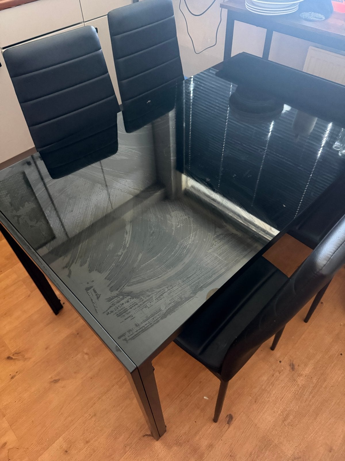 Zwarte glazen eettafel met 4 stoelen, Ophalen, Gebruikt, Vier personen, Glas