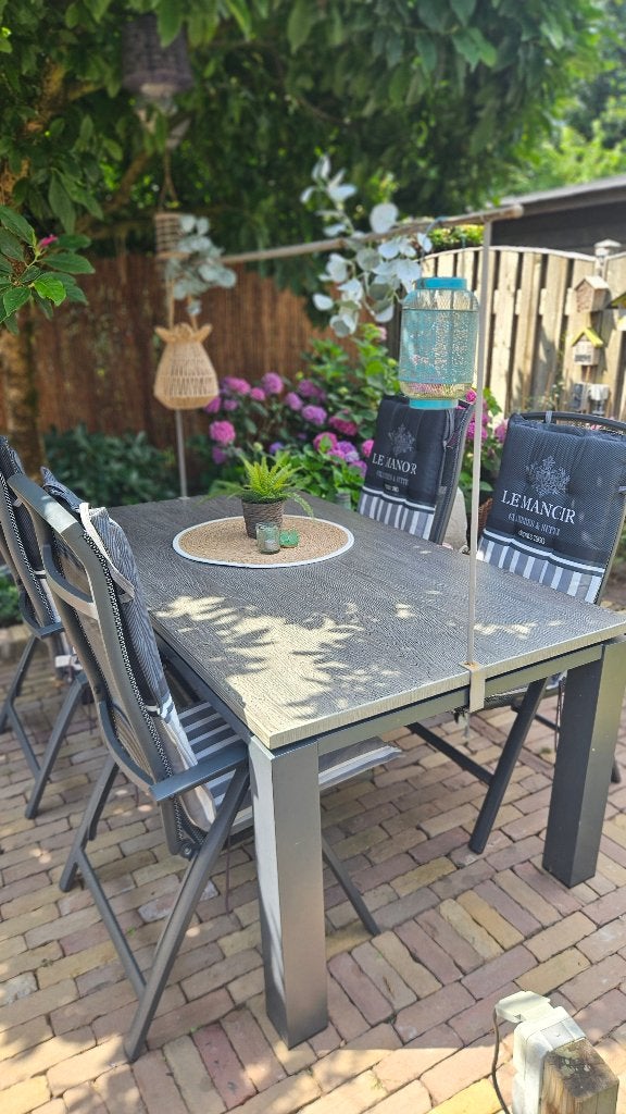 Tuintafel plus 4 stoelen (en kussens), Ophalen, Gebruikt, Rechthoekig, Aluminium
