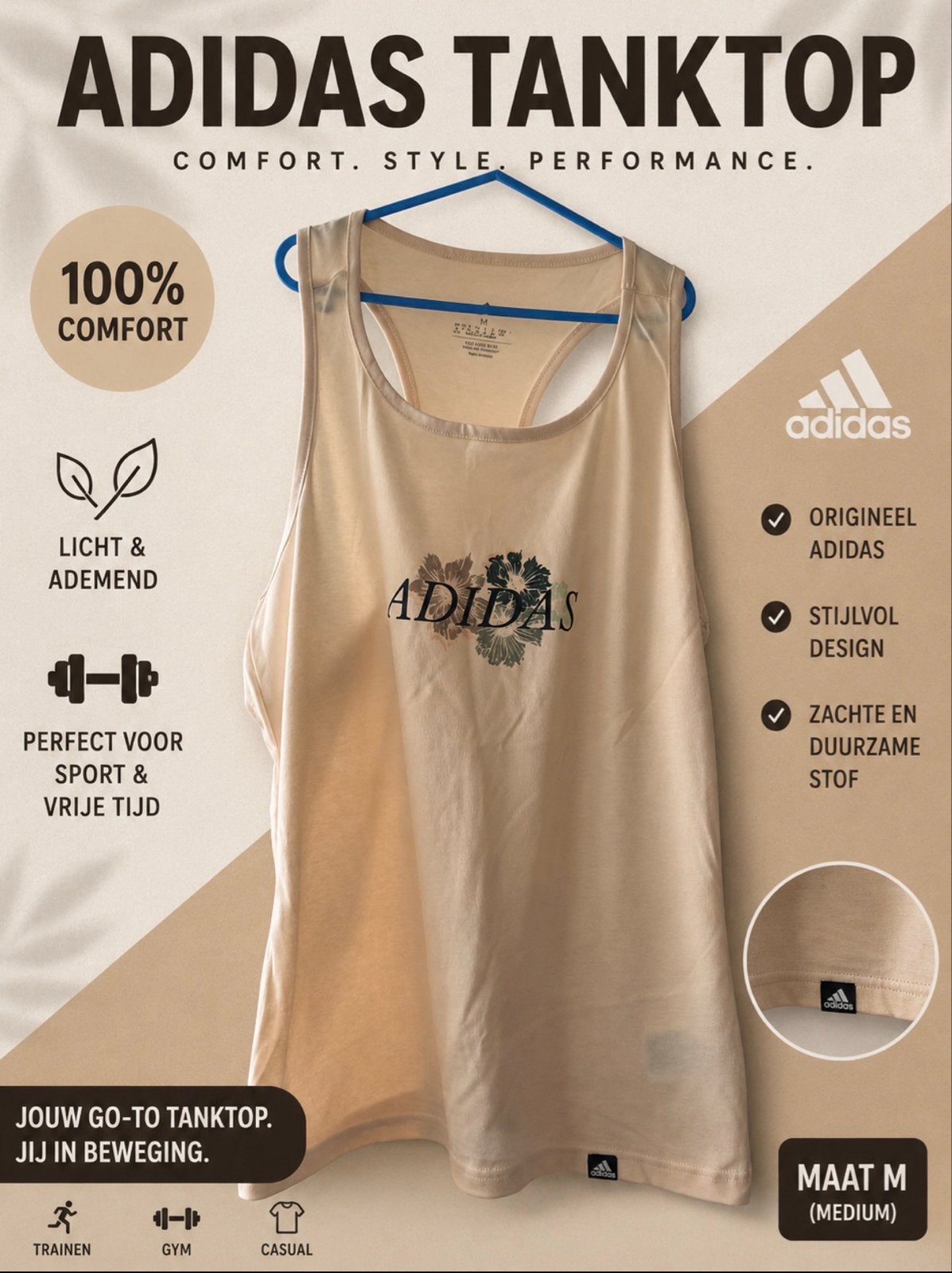 Nieuw Adidas Tanktop Dames Maat M - Comfortabel & Stijlvol, Maat 38/40 (M), Beige, Nieuw, Ophalen of Verzenden