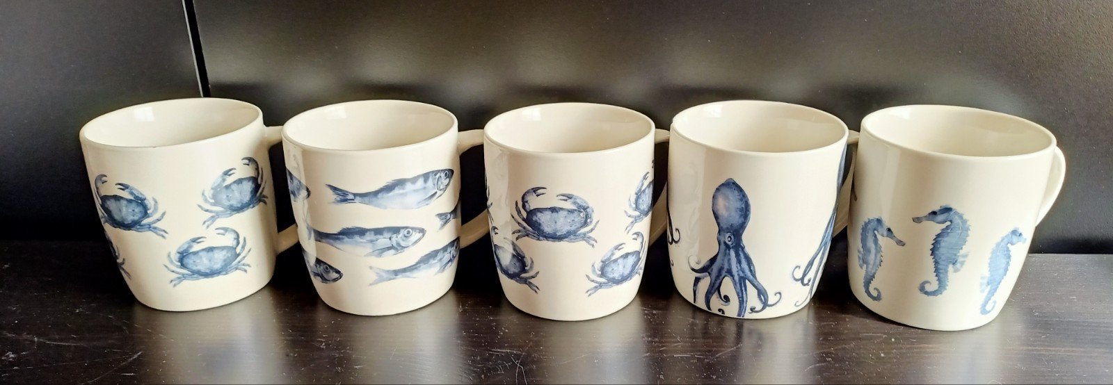 Set van 5 mokken/koffietassen inktvis, haring, zeepaardje en, Ophalen of Verzenden, Zo goed als nieuw, Overige stijlen, Mok