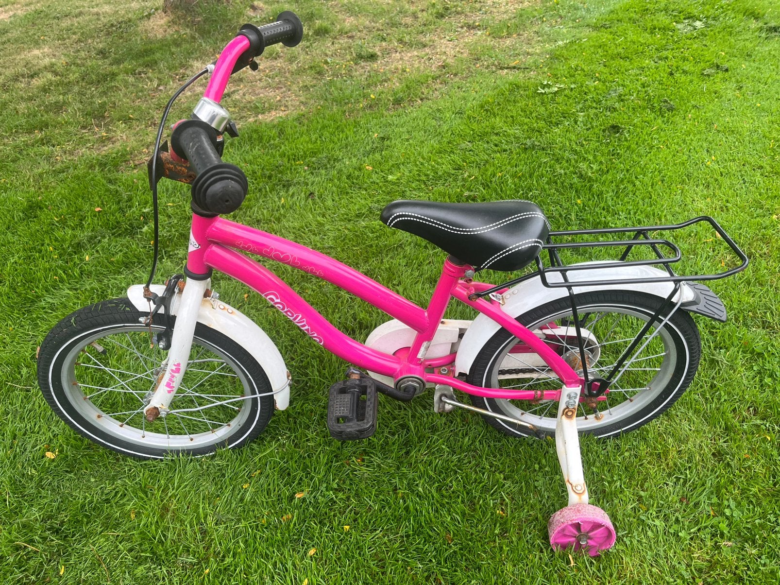 Roze corvino meisjes fiets, Ophalen, Terugtraprem, Zijwieltjes, 16 tot 20 inch