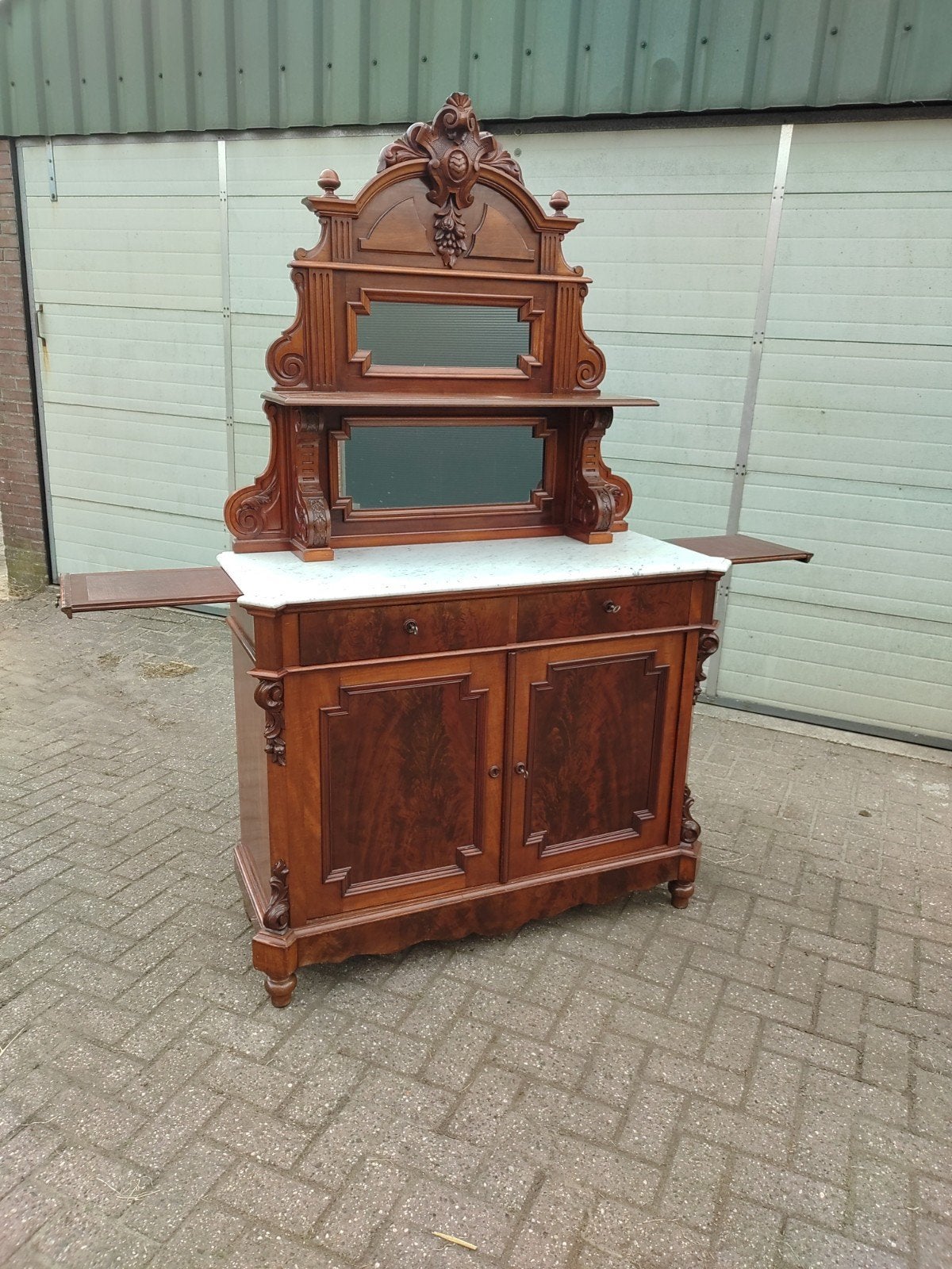 Antieke bonheur / penantkast met marmeren blad en spiegel, Ophalen