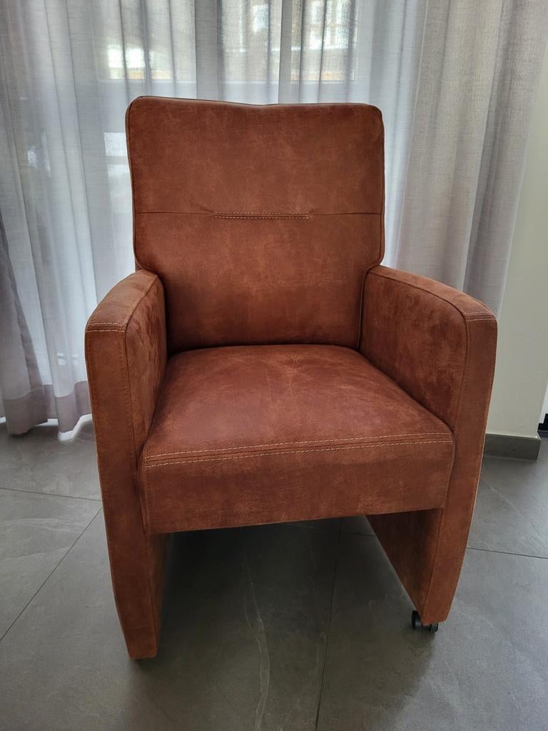 6 Leren eetkamerstoelen met wieltjes - Antraciet & Cognac, Ophalen, Bruin, Leer, Vijf, Zes of meer stoelen